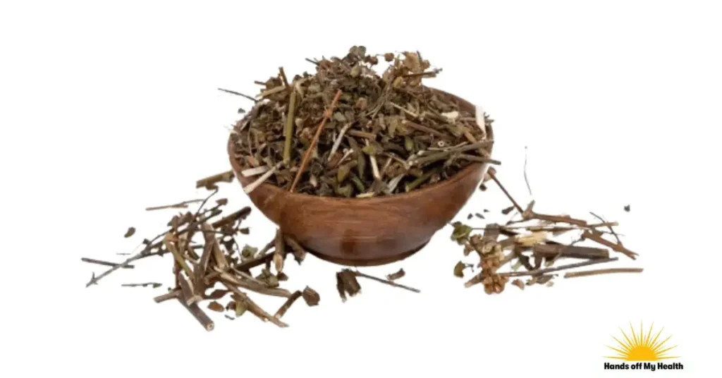 shankhpushpi or clitoria ternatea plant roots and powder in bowl